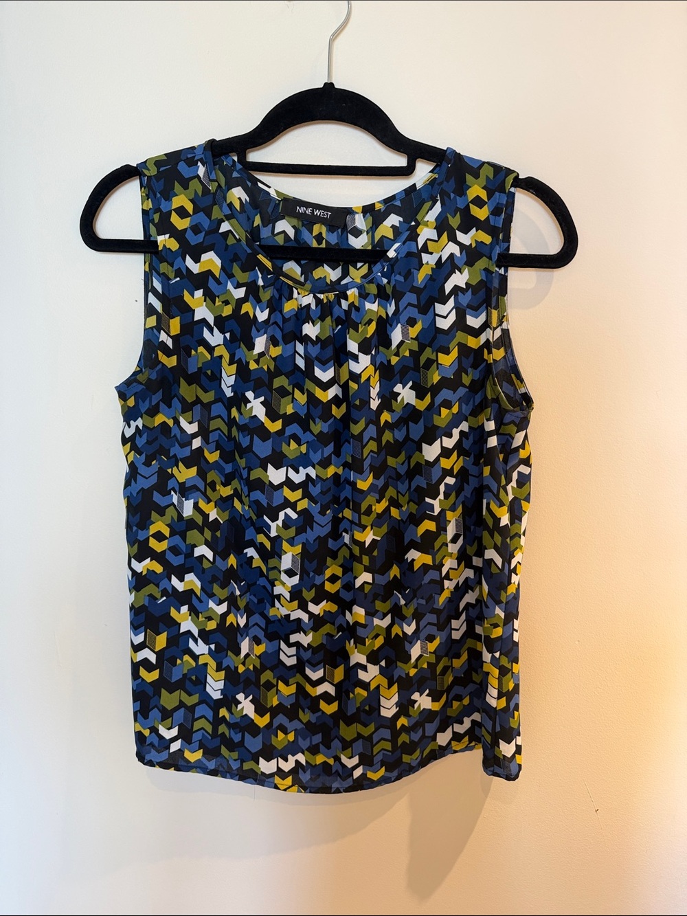 Nine West Navy, Olive & White Geometric Sleeveless Blouse